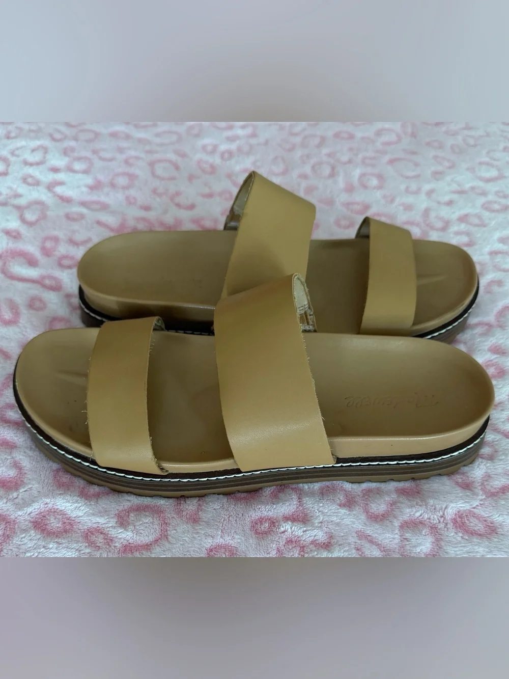 Madewell The Charley Double-Strap Camel Brown Leather Slide Sandals Size: 8.5